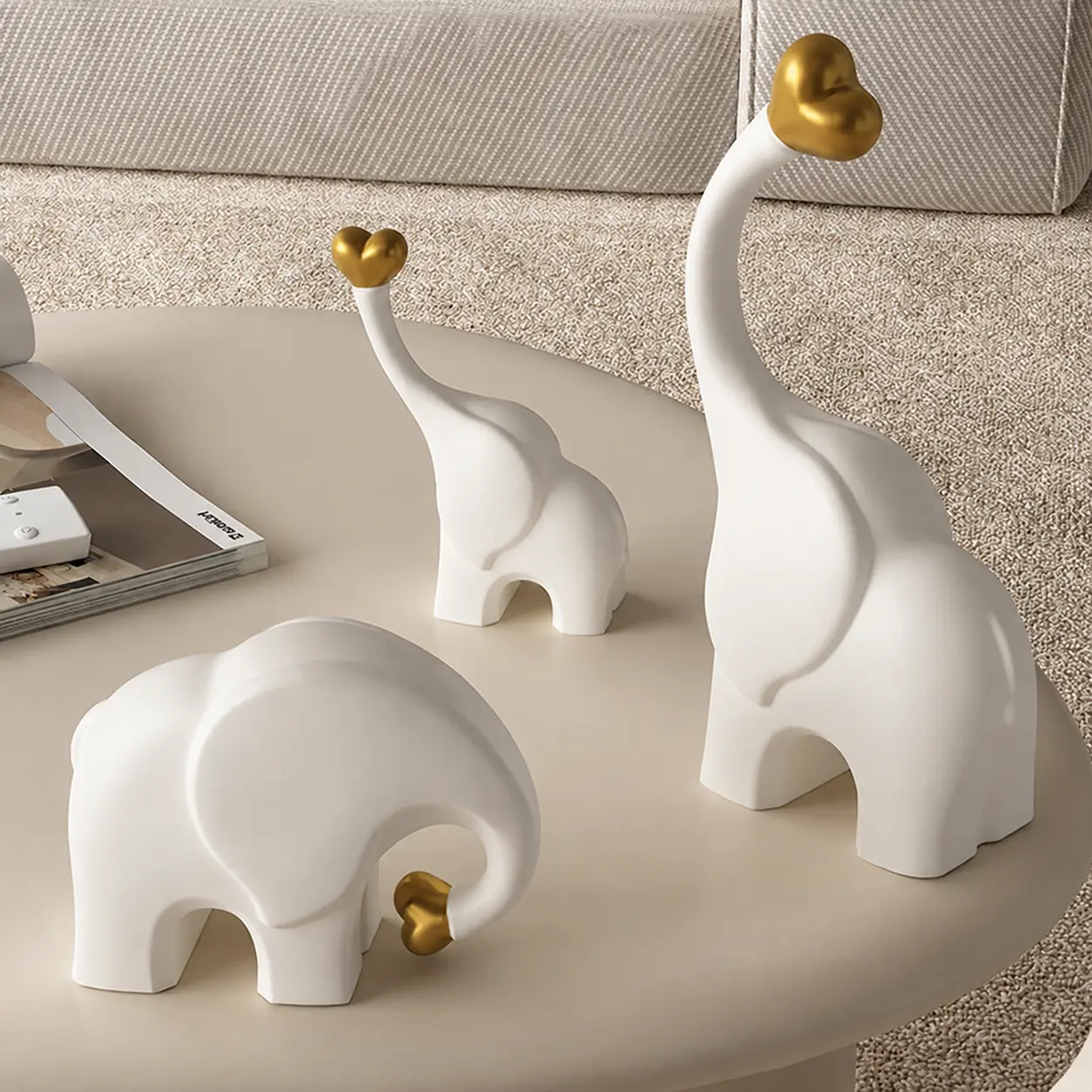 Aris & Juno 3-Piece Elephant Figurine Set, Cute Heart Trunk Elephant Family Statue, Resin Elephant Decor for Home Living Room Shelf Tabletop, Minimalist Modern Farmhouse Decoration, Meaningful Gift for Family and Elephant Lovers decorative collectible