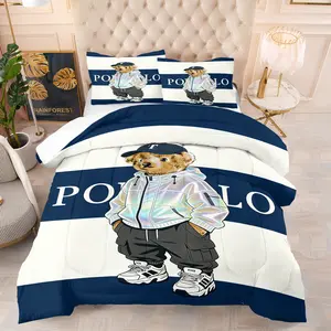 Cool reflective coat with teddy bear print pattern bedding set, Soft Bedding Sets including 1 blanket and 1 or 2 pillowcases without pillowcases, soft children's or adult bedroom decoration gift