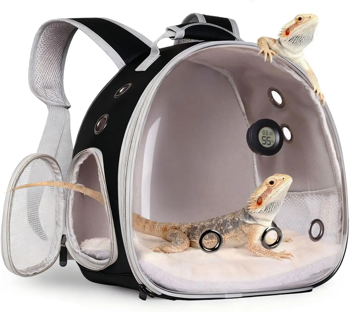 Bearded Dragon Travel Backpack Carrier with Reptile Thermometer and Humidity Gauge Lizard Travel Cage Space Capsule Clear Bubble Window Astronaut Reptile Bag for Ball Python (Black, Backpack)