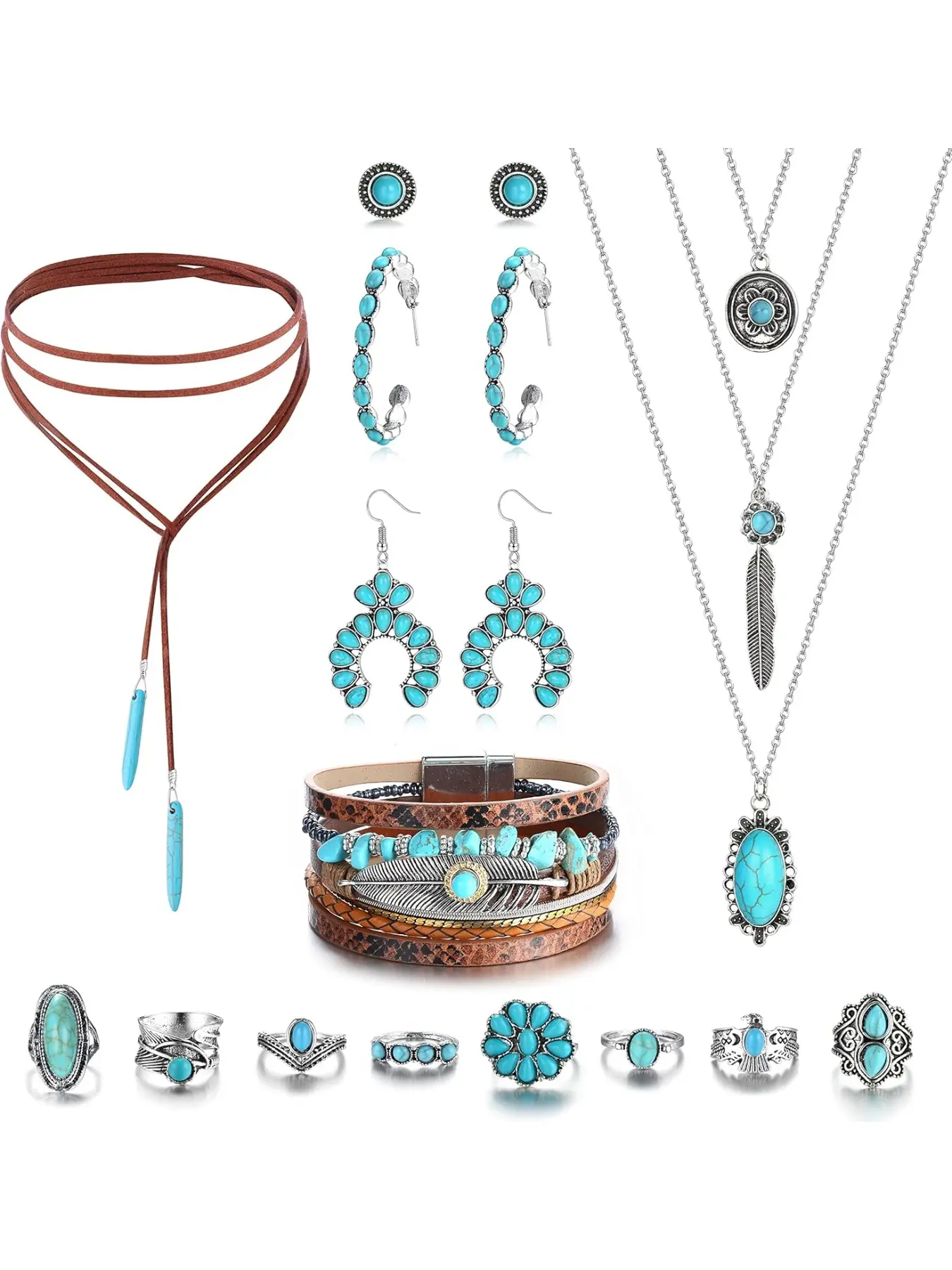 Helicopchain Western Jewelry For Women Bohemian Turquoise Adjustable Jewelry Set Turquoise Pendant Choker Necklace Turquoise Faux Leather Cuff Bracelet Turquoise Hoop Dangle Earrings Turquoise Joint Knuckle