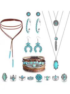 Helicopchain Western Jewelry For Women Bohemian Turquoise Jewelry Set Turquoise Pendant Choker Necklace Turquoise Faux Leather Cuff Bracelet Turquoise Hoop Dangle Earrings Turquoise Joint Knuckle