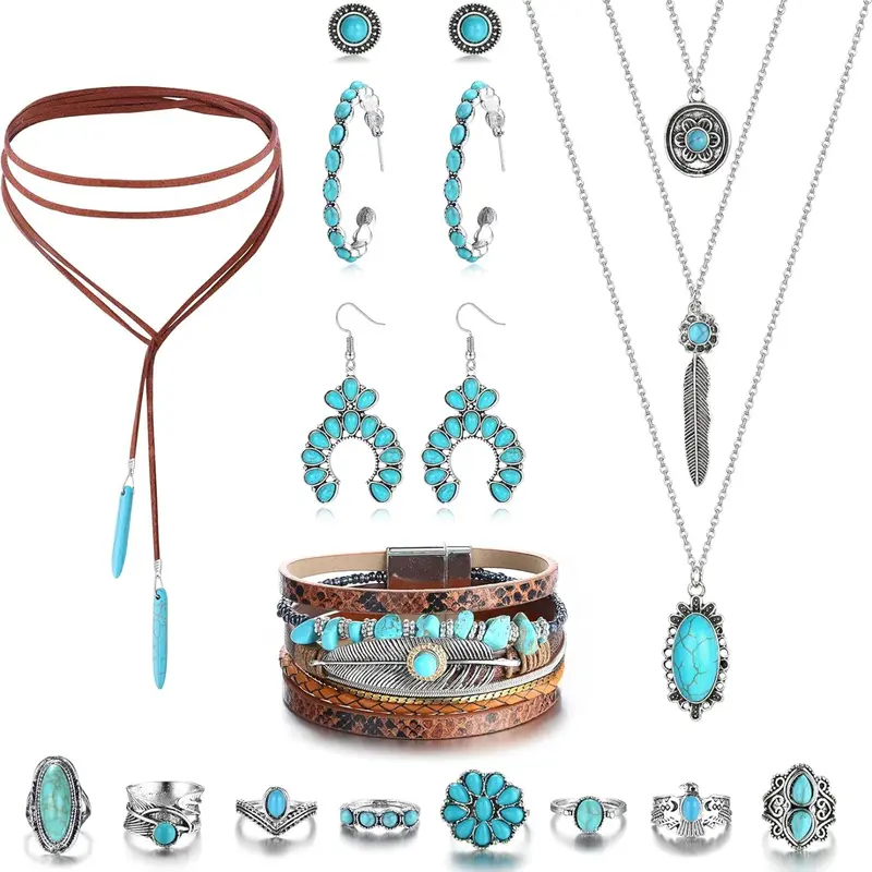 Helicopchain Western Matching Elegant Trendy Boho Jewellery Gift Set for Women, Bohemian Turquoise Pendant Choker Necklace, Faux Leather Cuff Bracelet and Hoop Earrings