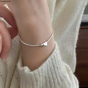 925 Sterling Silver Round Bead Heart Snake Bone Bracelet - Hypoallergenic Adjustable Korean Style Fashion Jewelry