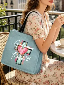 Love Cross Cartoon Illustration Tote Bag Set, Christian Religious Canvas Tote Bag With Zipper Bag, Cross Faith Tote Bag, Large Capacity Beach Bag And Makeup Bag For Travel, Shopping And Daily Use, Perfect For Church, Beach Travel