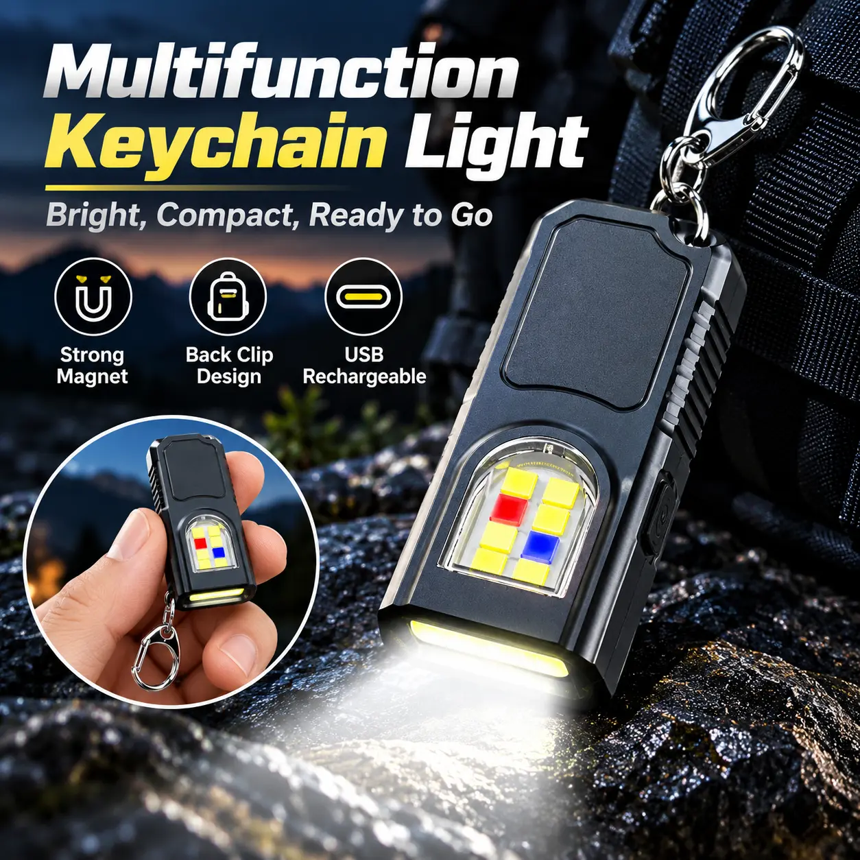 Portable Keychain Flashlight, USB Rechargeable Magnetic Work Light