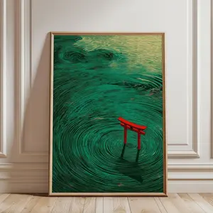 Torii Gate In Ocean Waves Poster, Japanese Water Wall Art, Minimal Sacred Landscape Print | Unframed 7