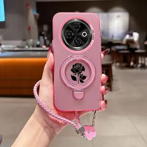 Spark 30 C Shockproof PC Fashion Strap Lanyard Phone Holder Protective Case For Compatible With TECNO Spark30C Enchanting and Elegant Black Rose Stand Cover