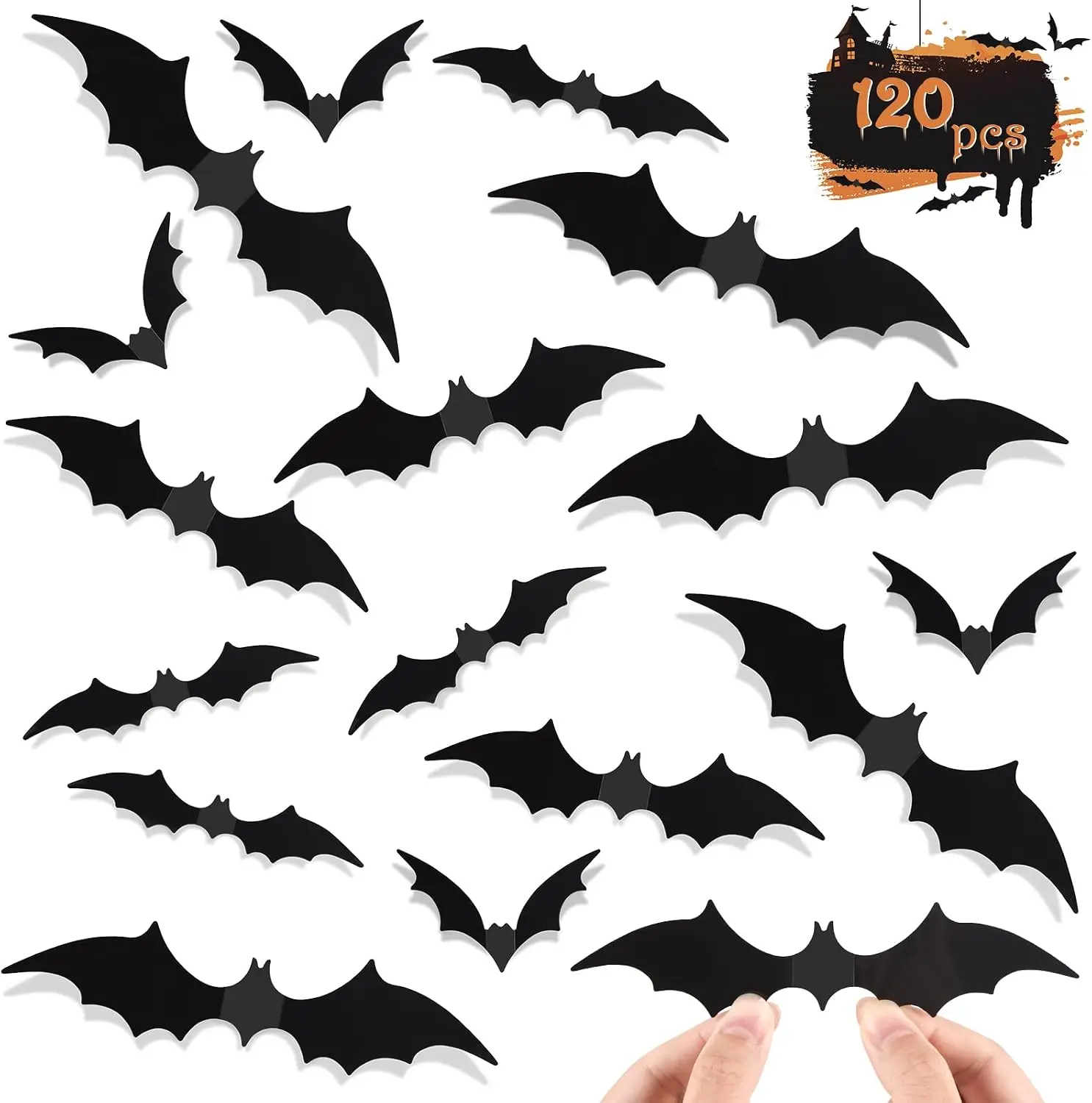 Bats Wall Decor, 120 Pcs 3D Bat Stickers Halloween Decorations for Home | 4 Size Scary Black Spooky Bats Room Decals Party Supplies for Wall Bedroom Bathroom Indoor Room Decor