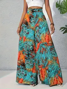 Summer Tropical Coconut Shadow Vacation Style Printed Wide Leg Pants, Women's Casual Fashion, Comfortable and Stylish