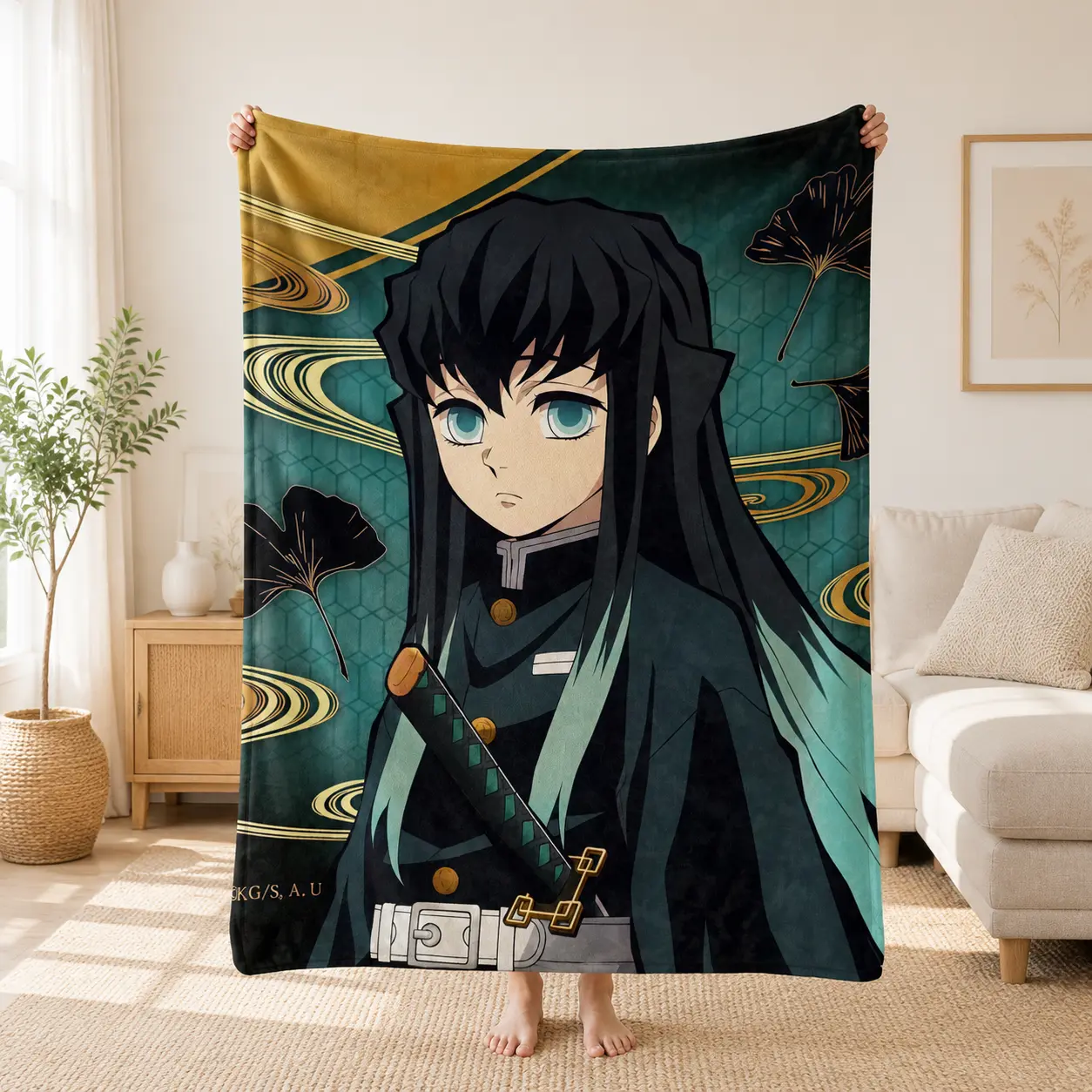 Teal Japanese Wave Ginkgo Leaf Background Anime Swordsman Character Portrait Throw Blanket Soft Flannel Cozy Blanket Traditional Asian Art Room Decor Gift