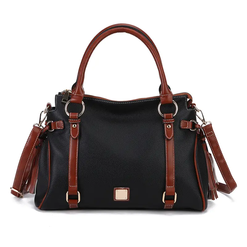 Classic Contrast Strap Textured Handbag for Ladies, Large Capacity Zip Closure Top Handle Bag with Removable Shoulder Strap, Trendy Versatile Tassel Satchel Purse for Casual & Formal Daily Outfits