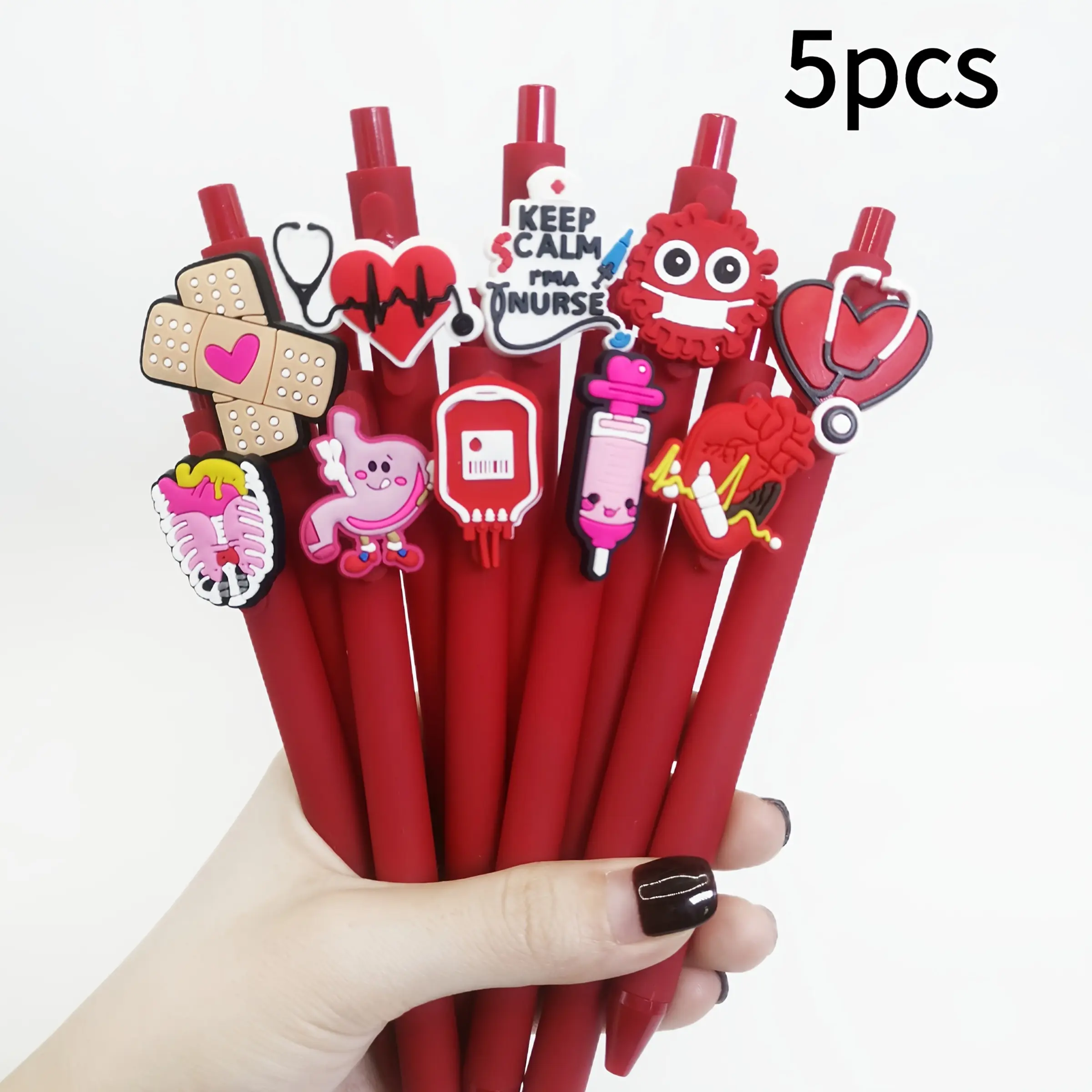 5pcs Red Medical-Themed Retractable Smooth Writing Pens with Soft Grip Handles - Includes Stethoscope, Adhesive Strip, Ideal for Nurses and Medical Professionals, Medical Office Supplies, Writing Tools