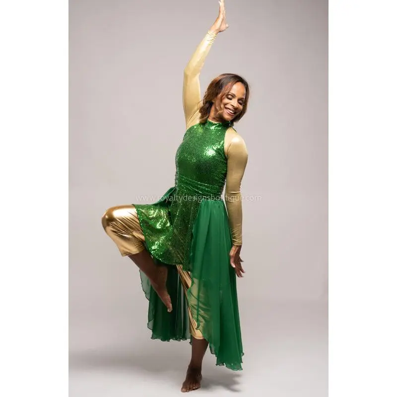 “ Praise Him ” Green Sequin Tunic with Chiffon Skirt – Multiple Skirt Colors