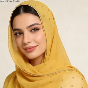 Elegant Yellow Chiffon Hijab with Gold Embroidery - Soft Breathable Luxury Headscarf Muslim Women Shawl for Eid, Wedding, Party & Everyday Modest Wear
