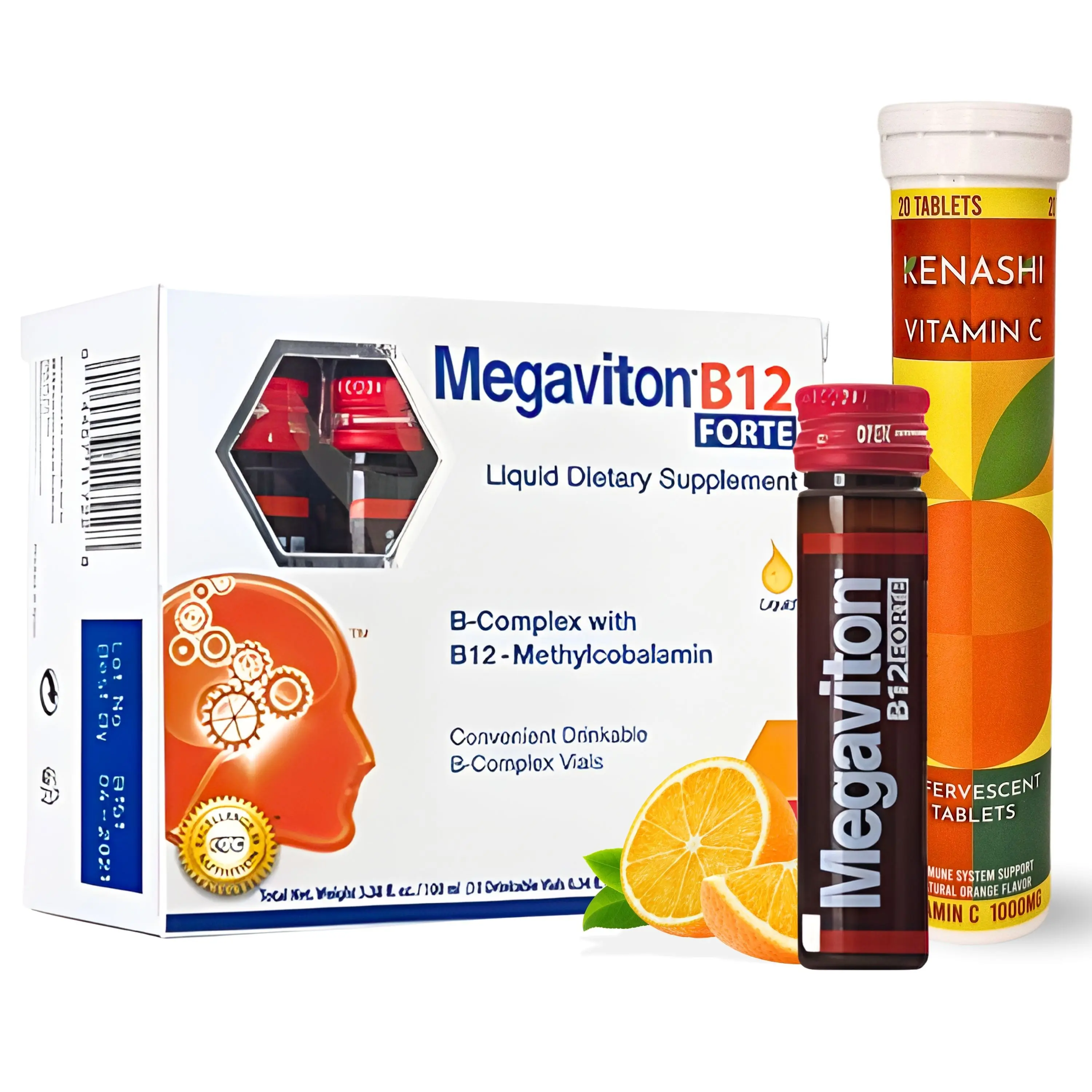 Megaviton B12 Kenashi High Zinc Vitamin C Edible Effervescent Healthcare Tablets - 10-Vial Multipack, 1000mg Liquid-Infused Formula, Contains Vitamins, Boosts Energy, Supports Immune Health for Adults, 18-Month Shelf Life, Orange & Mixed Fruit Flavors