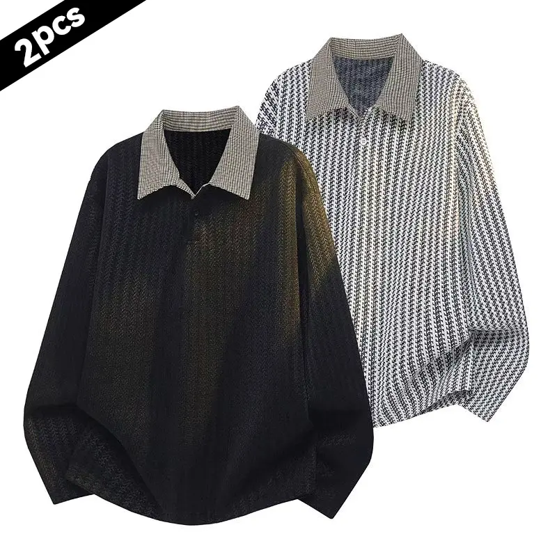 Men's Long-Sleeve Knit Polo Shirt (2-Pack) – Features a retro, color-contrast houndstooth collar and a stylish, relaxed fit; a breathable pullover suitable for both casual and business-casual wear.