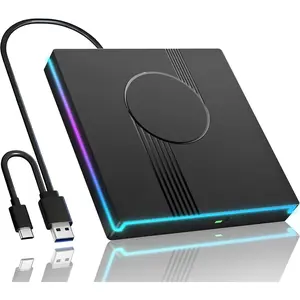 RGB External CD/DVD Drive for Laptop, External CD Drive USB 3.0 Type-C Portable DVD Player, CD Burner +/-RW Optical Drive, Slim CD ROM External Drive for Laptop Desktop PC Windows  (Black)