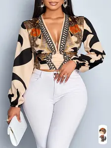 Plus Size Women's Casual All-Season Long Sleeve Short Shirt Blouse, Deep V Neck Fitted Top, Full Print Design, Casual Boho Soft, Perfect for Daily Wear & Commuting, Bohemian Casual Top