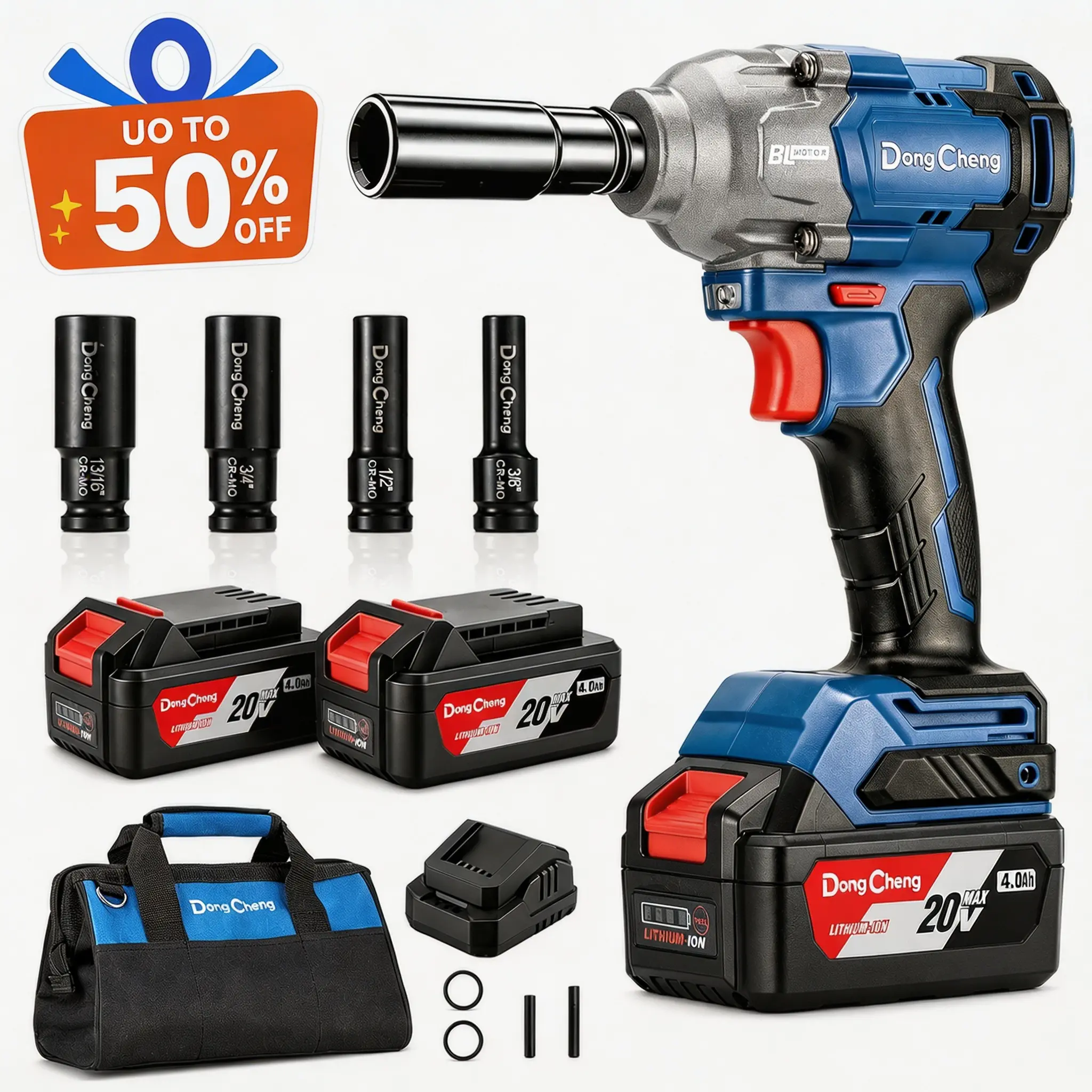 【Tool Renewal Season】20V Heavy Duty Brushless Impact Wrench with Brushless Motor, 5-Year Warranty, 503 ft-lb (682 Nm) Max Torque, 2x4.0Ah Cells Batteries, 1/2" Socket, 3-Speed Settings, 2400 RPM, LED Light, Charger & Kit Bag Full Kit Set