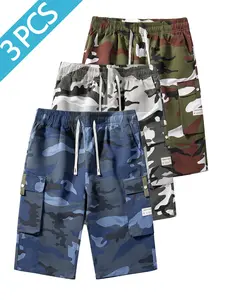 3PCS Men's camouflage work pants. Summer loose-fitting multi-pocket drawstring casual beach pants. Short Menswear