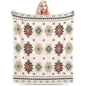 Aztec Western Blanket Soft Navajo Flannel Throw Blanket Wrangler Southwestern Decor Warm Sherpa Flannel Plush Bedding Stuff Blanket Gifts for Lover Kids Girls Boys Women Adults Bed Travel