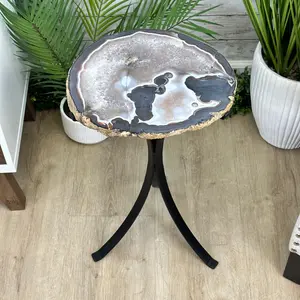Natural Brazilian Agate Side Table on a black metal base, 22.25" tall #1305-0159
