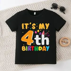 Boys' T-Shirt with Fun Balloon and Ribbon Pattern Print and "Today is My Fourth Birthday" Letter Print, Soft Versatile Crew Neck Short Sleeve Top