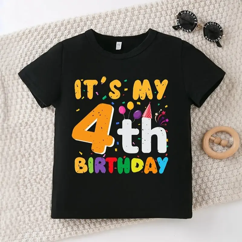 Boys' T-Shirt with Fun Balloon and Ribbon Pattern Print and "Today is My Fourth Birthday" Letter Print, Soft Versatile Crew Neck Short Sleeve Top Graphic Printed Tee Crewneck Shortsleeve Tee
