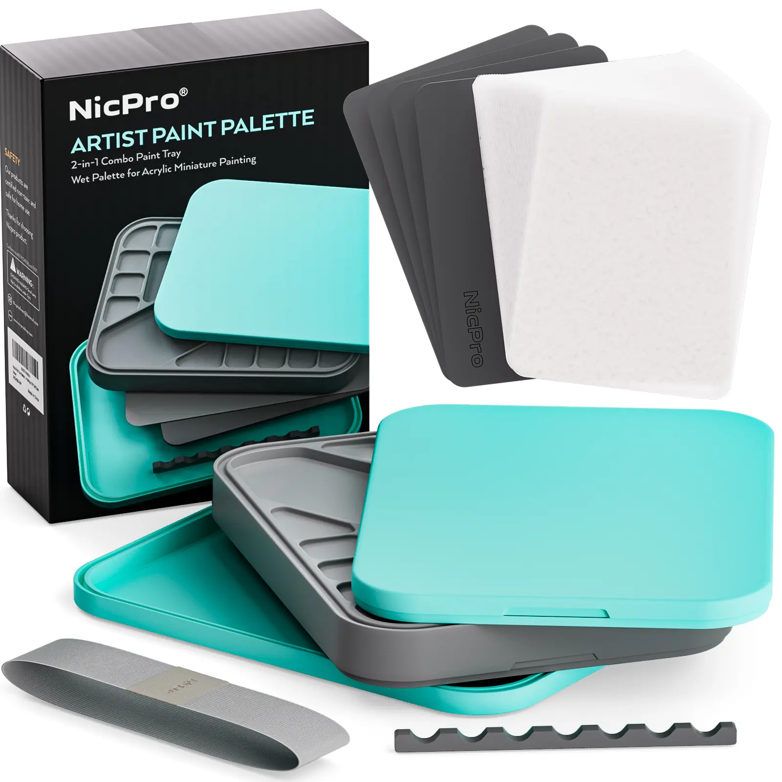 Nicpro Stay-Wet Compact Art Materials Kit - Acrylic Miniature Painting Set with Paint Tray, 100+ Palettes Paper, 4-Pack Sponge, Brush Holder for Model Paint Organization & DIY Projects