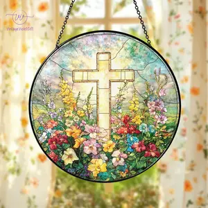 Stained Glass Cross And Wildflowers Suncatcher, Christian Glass Windows Hanging, Flower Cross Gift For Religious, Faith Christmas Home Decor