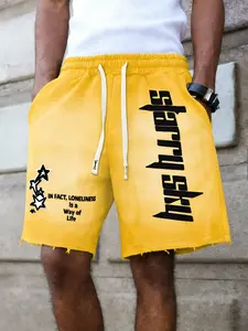 Men's youthful street style, simple letter and star pattern knit shorts, athletic shorts, Drawstrings shorts, distressed texture print, urban, casual, simple, suitable for everyday wear, back to school, rapper apparel, Y2K style, holiday gift
