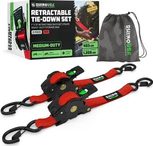 Retractable Ratchet Tie Down Straps (2PK) for Trucks and Cars - Max Break Strength of 1,209lb