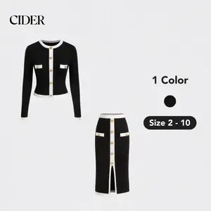 Cider [size 2-24] Knit Round Neckline Contrasting Binding Button Sweater With Midi Skirt
