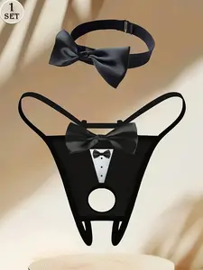 Men's Sexy Thong Underwear with Bow Print and Decor, Lacy Thong Set with Bow Collar, 2 Pieces, Novelty Design, Black