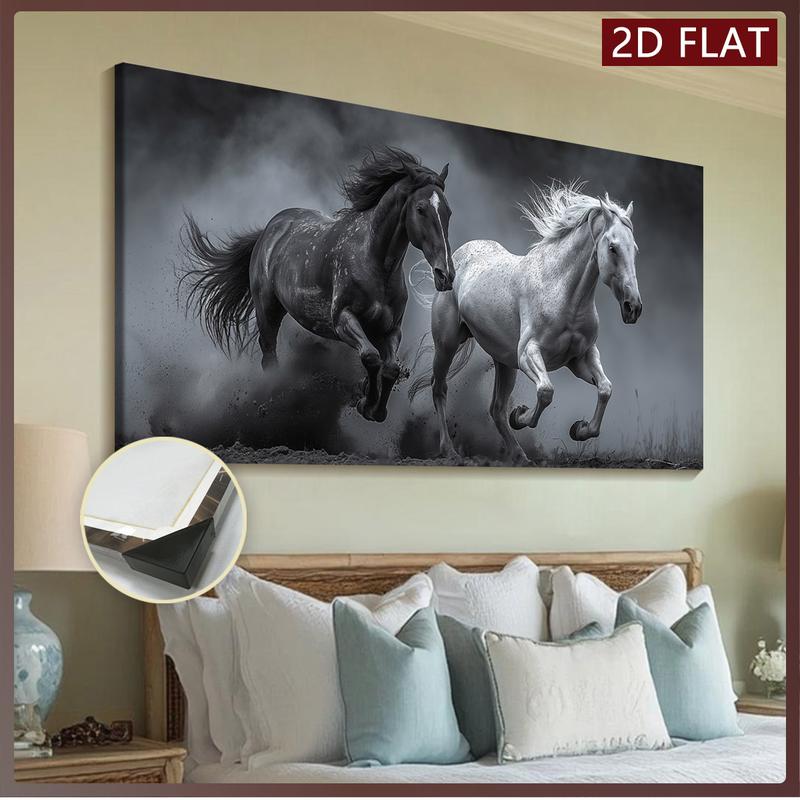 2D Flat Single Piece Wooden Frame Canvas Painting, Depicting a Black and White Horse Running in the Dust.This Exquisite Poster Can Be Used as Home Decoration and Wall Art, Suitable for Living Room, Bedroom, Office, Dining Room