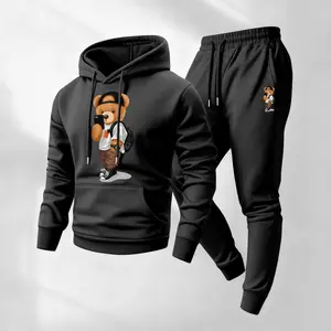 Men’s Bear Pattern Print Hoodie and Drawstring Sweatpants Set with Pockets, Casual Athletic Long Sleeve Hooded Jacket and Jogger Pants, Fall Winter Activewear, Everyday Wear for Indoor & Outdoor Sports, Tracksuit Set