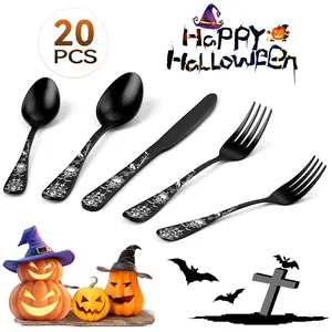Skull Pattern Stainless Steel Cutlery Set, 20pcs Including Knife, Fork & Spoon, Durable Elegant Dining Tools, Perfect Gift, Halloween, Tableware Kit, Dinnerware Service Set
