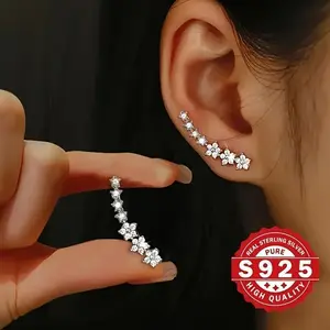 925 Sterling Silvery Climber Earrings with Synthetic Zirconia Elegant Cute Design Suitable for Daily Wear Music Festivals Christmas