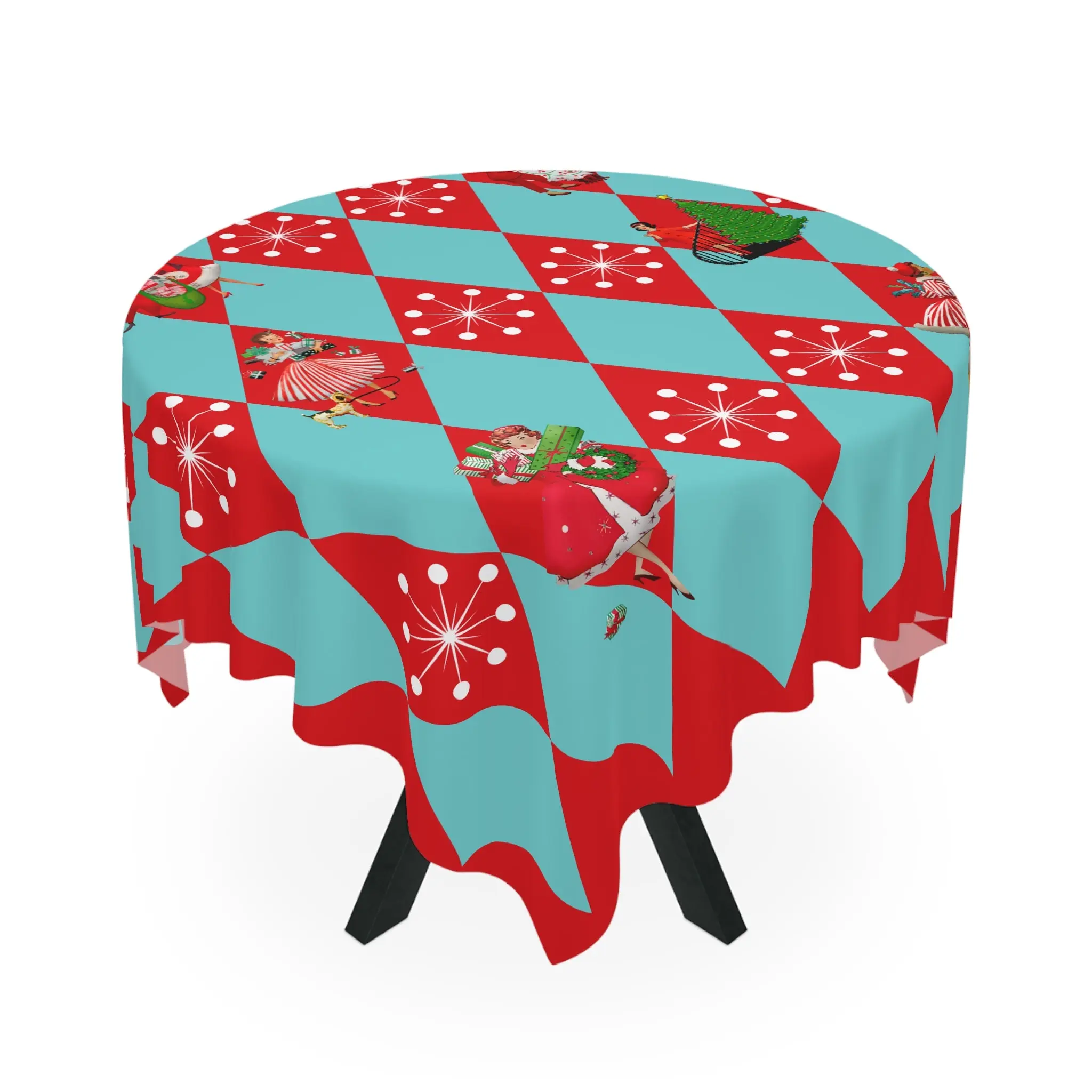 Christmas Tablecloth, Holiday Red, Aqua Harlequin Diamond 50s Gals Kitschy Christmas Table Decor