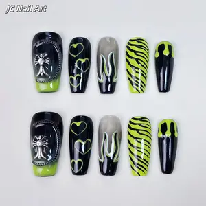 JC Handmade Press-On Nail Art Decorations, X72 Paste-On Dark Gothic Armor Pieces with Fluorescent Green Flame Heart-Shaped Gradual Shift, Zebra Design for Cool Girls