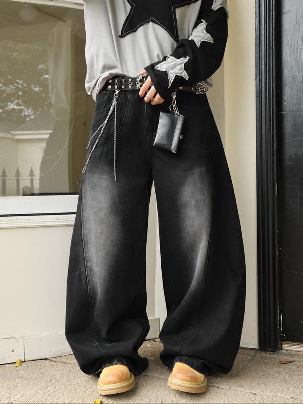 Men's Denim Jeans with Curved Knife Patchwork, American Style Y2K Streetwear Rock Casual Stacked Wide Leg Pants, All-Seasons