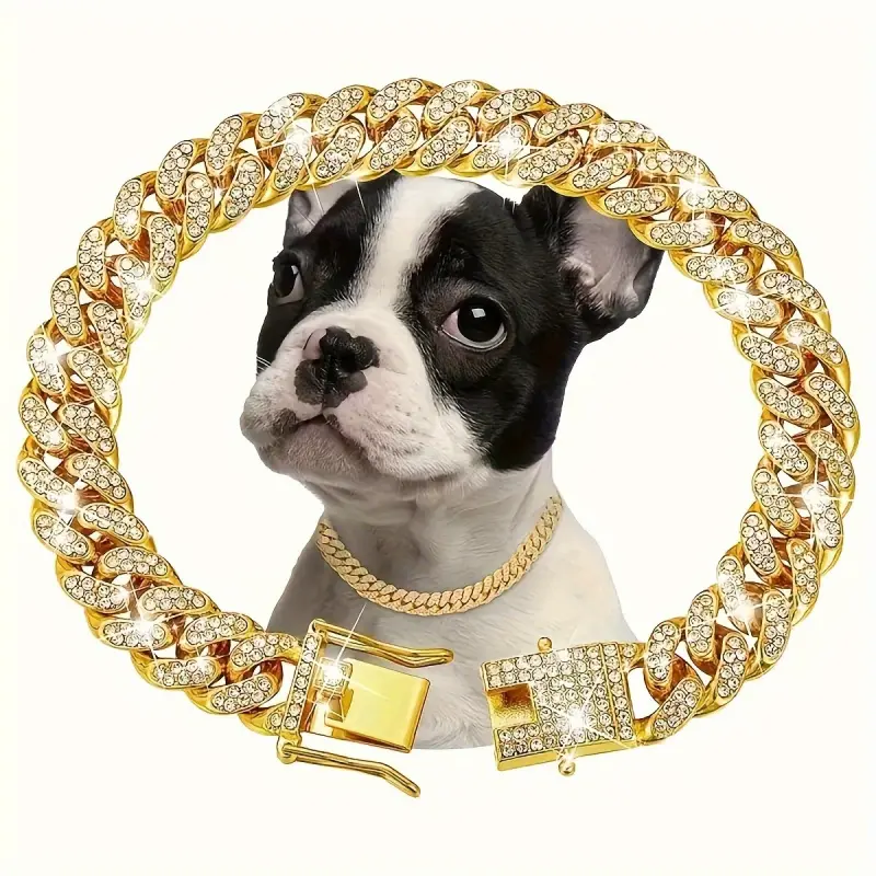 1pc Luxury Iron Alloy Dog Chain Collar, 13mm Wide Cuban Link Pet Necklace with Rhinestone Accents, Adjustable Metal Cat Chain Jewelry Accessory, Chihuahua Accessories for Small to Large Dogs and Cats, Dog Collar