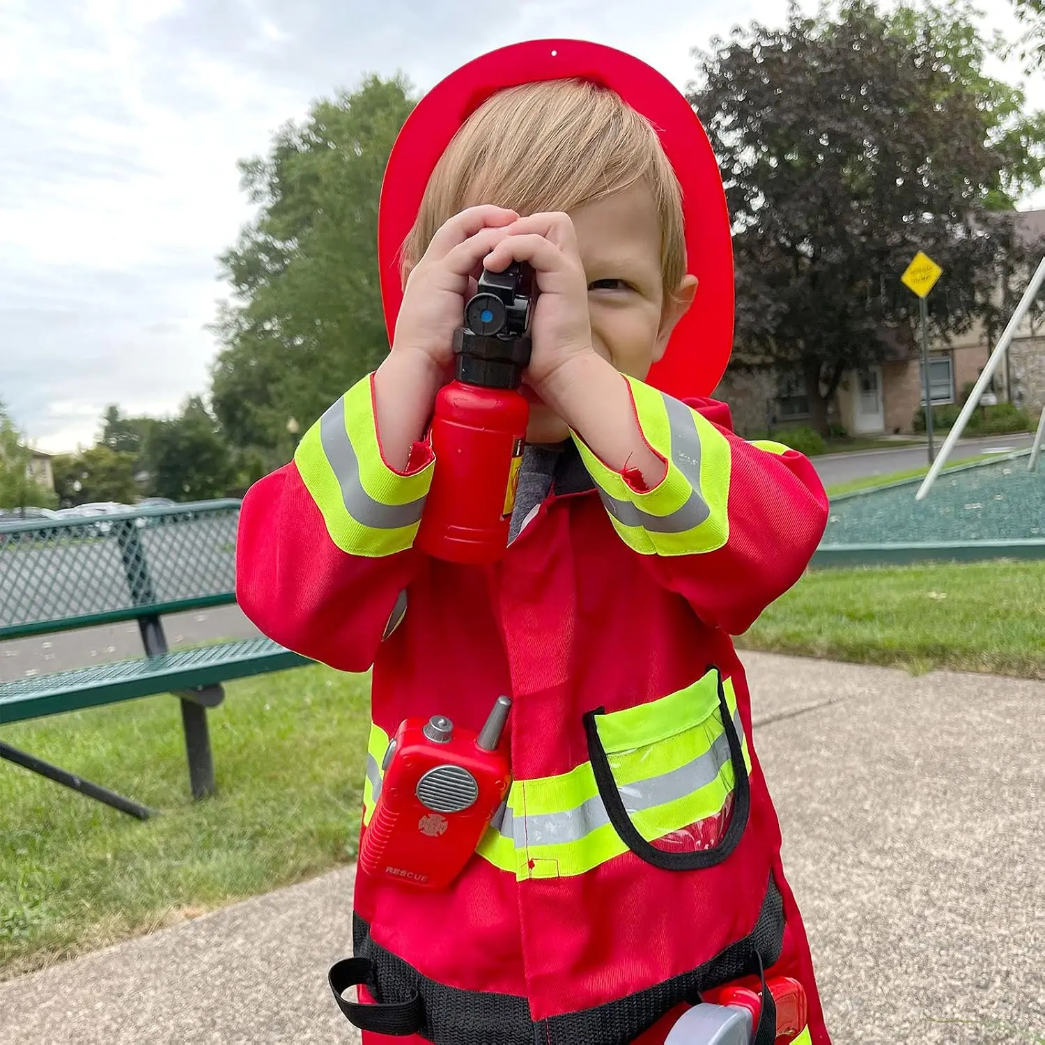 Firefighter Costume Dress-Up Toy for Kid 3 4 5 Years Old with Sound | Breathable Fabric, Durable Plastic, Fireman Accessories, Role Play, Halloween Outfit, Birthday Gift for Boy Girl, Summer Toy