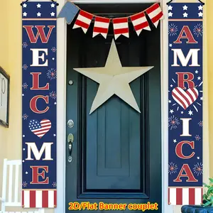 2pcs Patriotic Independence Day Banner Couplet Decorations, Party Decorations Banners - Welcome America Stars & Stripes Design, Durable Polyester 70.8"x12" Indoor/Outdoor Hanging Decor for Front Door, Garden, Porch with Accessories