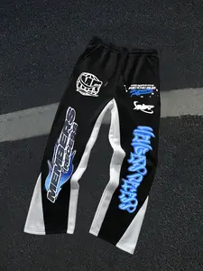 Men's Casual Flare Pants, Colorblock Long Trousers, Members Recess Graffiti, Side Geometric Patchwork, Drawstring Waist