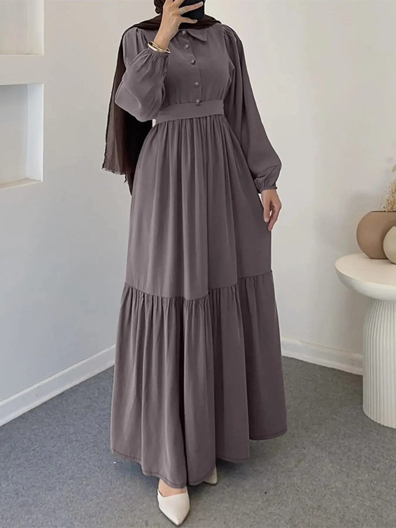 ZANZEA Women's Casual Modest Style Dress with Flounce Hem, Long Sleeve Lantern Sleeves, Waist Belt Design, Perfect for Daily, Ruffle Hem Belted, Modest Dresses