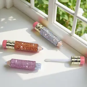 1pc Luxury 5ml Diamond-Embellished Lip Gloss Refillable Pencil Tube - Twistable Leak-Proof Empty Lipstick Container with Brush, Unique Pencil-Style Cosmetic Sample Bottle for DIY Lip Gloss, Lipstick, Balm Making, Travel-Friendly TSA Carry-On Size