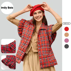 Imily Bela Womens Plaid Puffer Vests Ruffle Sleeveless Lightweight Quilted Vest Fall Winter Padded Gilets Coats