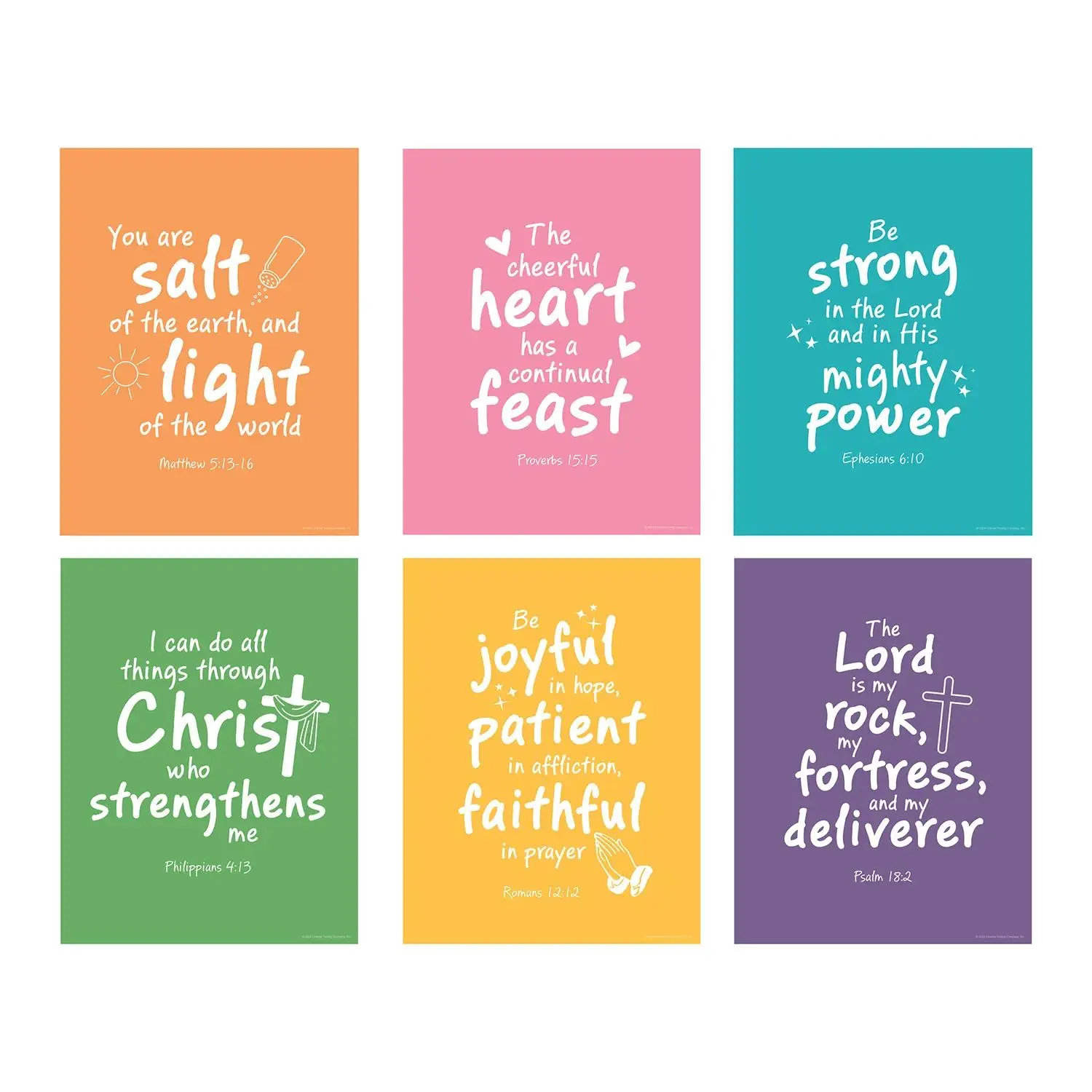 6-Pc Colorful Religious Verses Wall Print Set, 16"x20 3/4" Bright Decor for Hanging, Early Learning Children's Wall Art