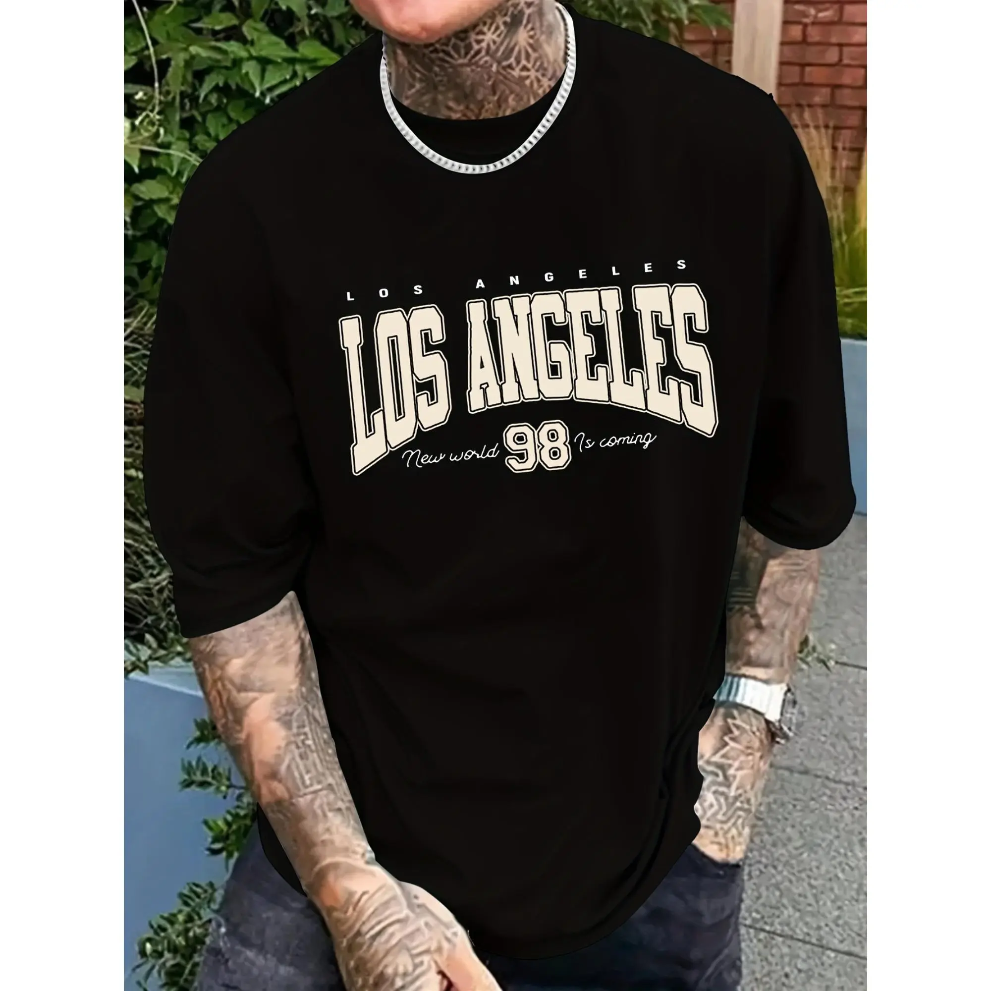 Men's Shortsleeve Tops with Los Angeles Graphic, Crew Neck Regular Cut Polyester Elastane Blend for Summer, Polyester Blend, Light Stretch